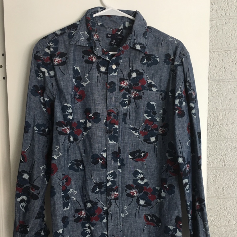 Long sleeve Hawaiian print chambray shirt